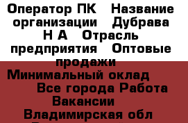 Оператор ПК › Название организации ­ Дубрава Н.А › Отрасль предприятия ­ Оптовые продажи › Минимальный оклад ­ 27 000 - Все города Работа » Вакансии   . Владимирская обл.,Вязниковский р-н